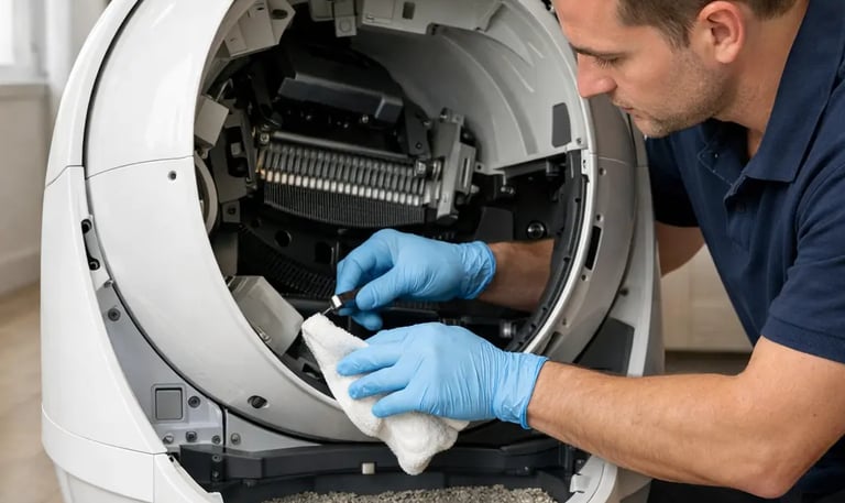 technicien La Vie Sans Crotte qui réalise un entretien approfondi premium du robot d'un client