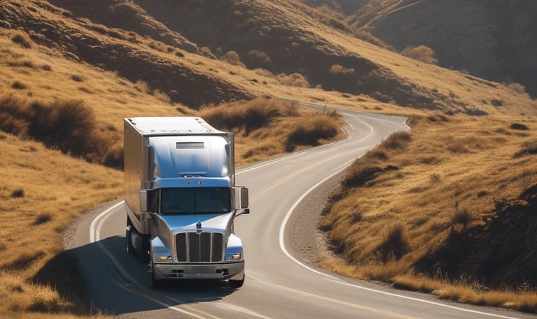A large blue semi-truck with a long flatbed trailer travels on a wet road. The trailer is carrying white, bagged cargo. The surroundings are vibrant with autumn foliage and the sky is overcast, giving a moody yet serene atmosphere with hints of sunshine breaking through.