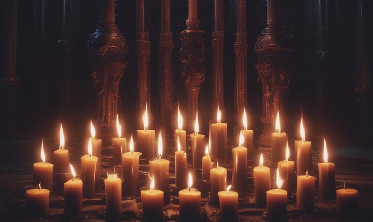 Photo de pleins de bougies, chandelles allumées sur fond noir, lumière jaune