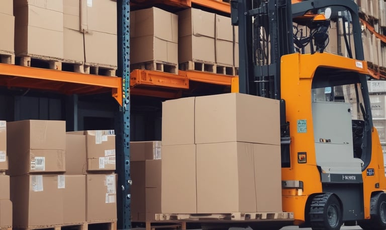 An industrial warehouse filled with various stacks and arrangements of metal beams, shelving units, and construction materials. A white truck is parked among the clutter. The scene includes colorful pallets and containers lining the walls, and the floor is mostly concrete.