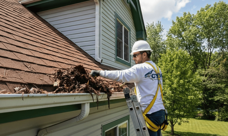 Professional gutter cleaning service removing debris from gutters in Durham NC