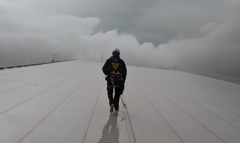a man in a black jacket walking on a snowy day