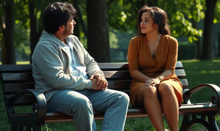 un homme et une femme assis sur un banc dans un parc