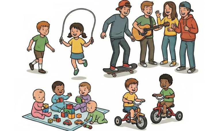 Des personnages représentant des jeunes, du premier âge à l'adolescence