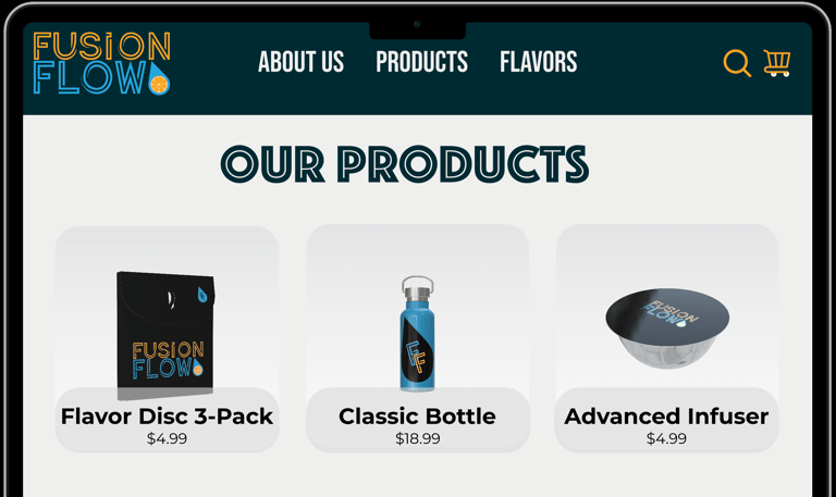 Fusion Flow Website mockup, based on flavored water bottles