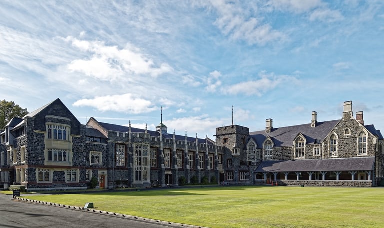 christchurch new zealand building with grassy area infront