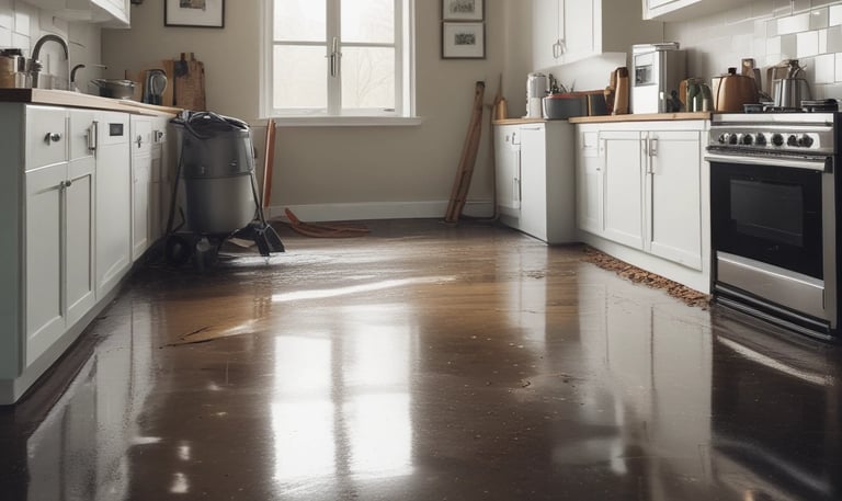 An indoor space under renovation, featuring a bar counter with various construction materials and tools scattered around. The walls are decorated with floral wallpaper. Multiple pendant lights hang from the ceiling, casting a warm glow. A ladder and several cardboard boxes are visible in the background.