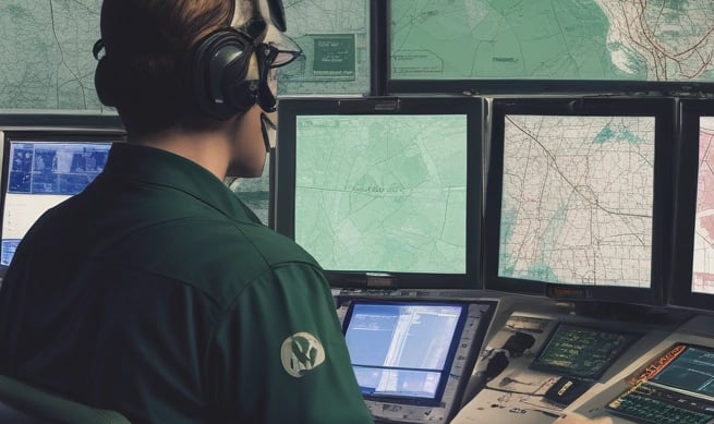Drones surveying a large steel bridge with city skyline in the background at sunset.