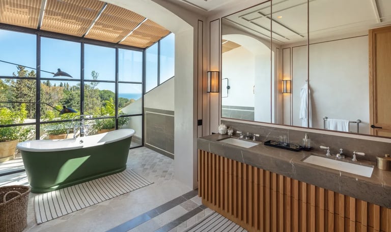 Bathroom at Villa La Gratitud with freestanding tub and panoramic views