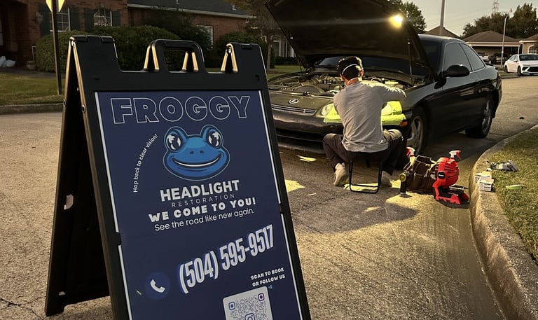 froggy headlight restoration advertising sign and working on a clients vehicle