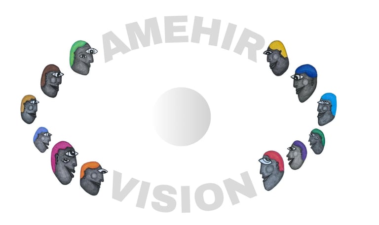 a group of people in a circle, forming an eye, with the words "amehir vision"
