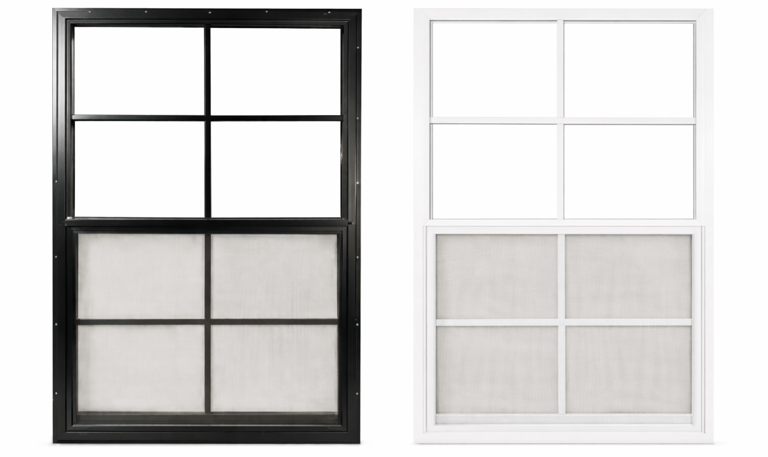 Shed window accessory available in white or black vinyl frames to improve lighting, ventilation, and appearance.