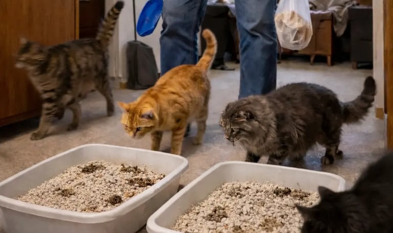 senior avec plusieurs chats à la maison qui a besoin du service litière la vie sans crotte