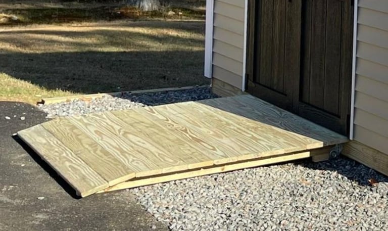 Heavy-duty shed ramp built in Massachusetts for smooth entry and long-term durability.