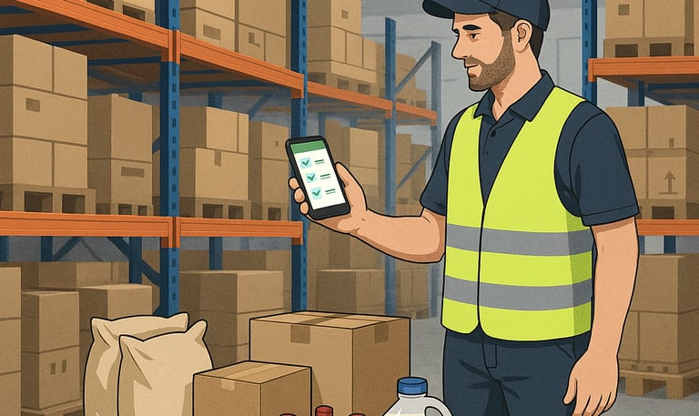 Ilustración en Proveedores, mozo de almacén preparando pedido Dighoreca