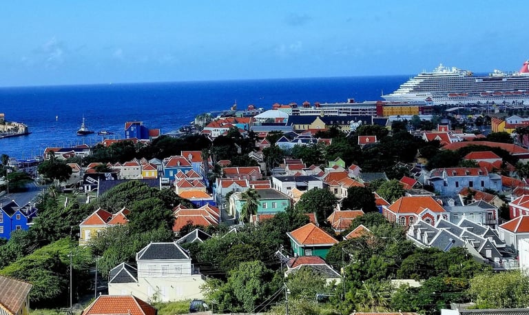 City of Willemstad, Curacao with cruise ship in distance