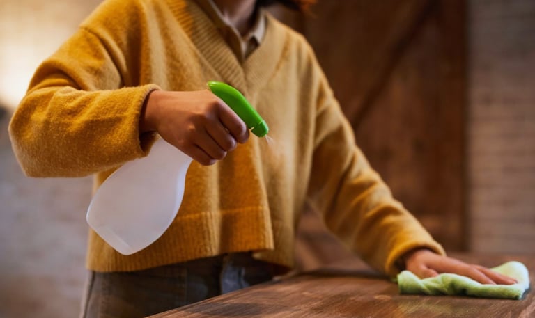 a woman is cleaning a table with a green cloth