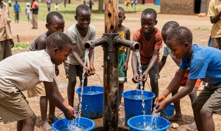 A vibrant community garden with children and adults tending to fresh vegetables under a bright sun.