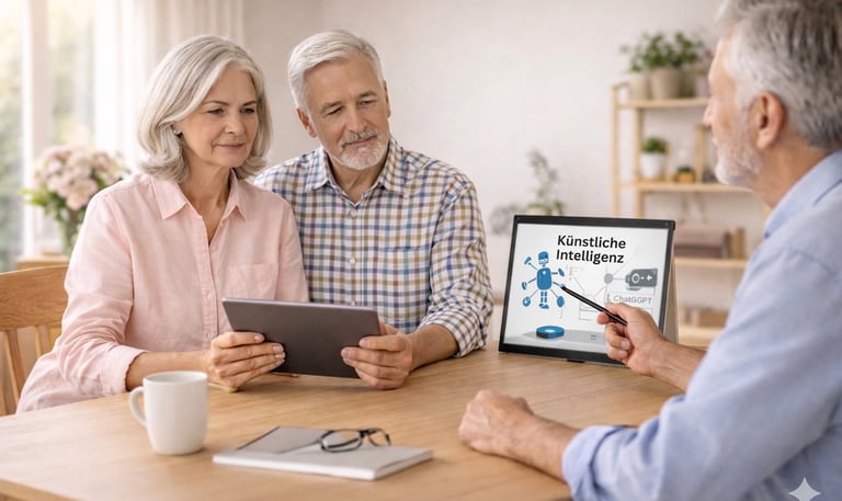 Persönliches Coaching zuhause für verständliches Lernen digitaler Themen in kleiner Gruppe (KI-Bild)