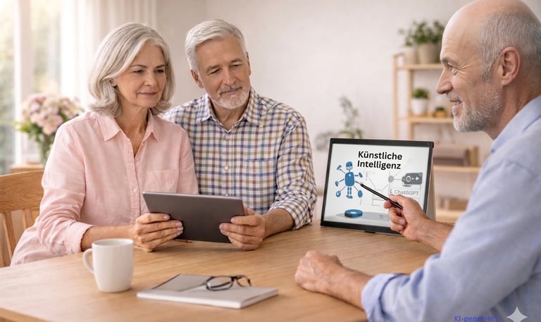Coaching zu digitalen Themen zuhause bei einem älteren Paar