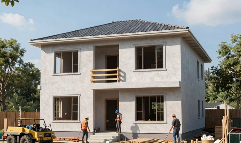 Construction site with workers coordinating building a modern house.