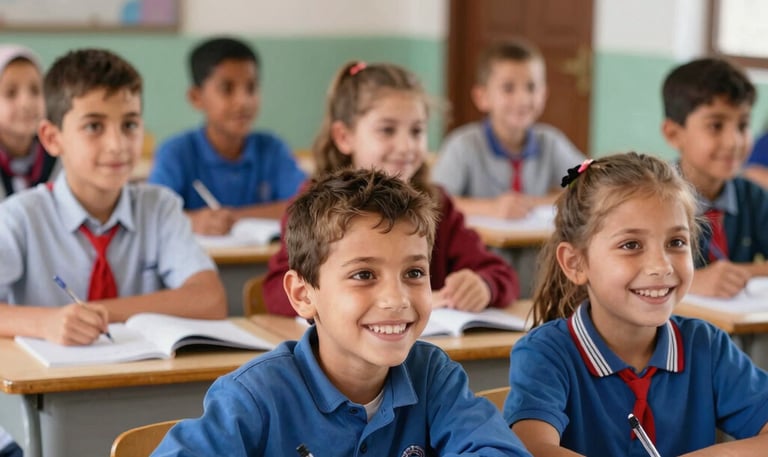 A smiling child proudly holding a new backpack filled with textbooks and school supplies.