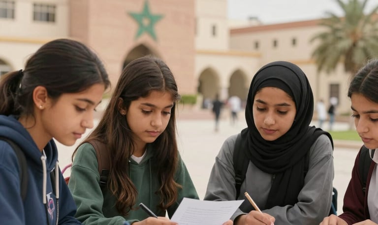 A focused group of students gathered around a tutor in a bright classroom setting.