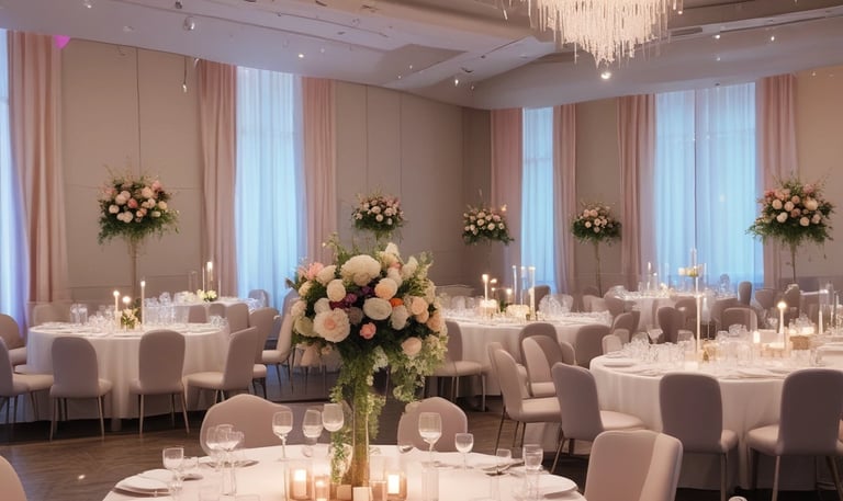 Guests enjoying a beautifully decorated social event with soft lighting and elegant table settings.