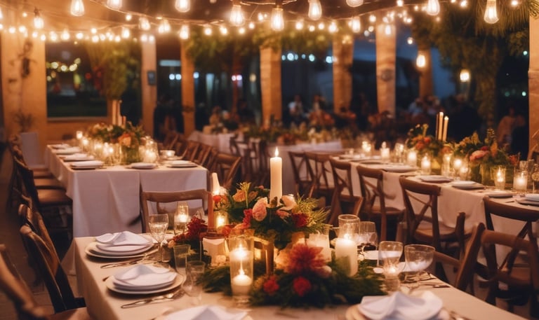 A team setting up lighting and sound equipment at an event venue.