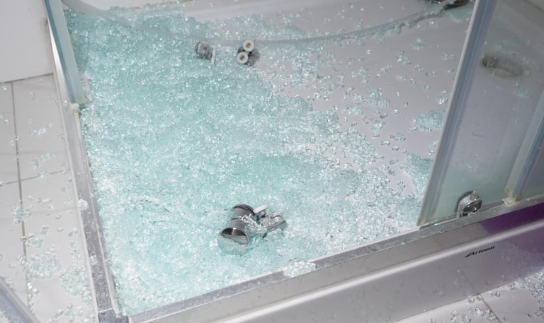 Broken safety glass scattered over a shower tray and bathroom floor – shows a shattered shower door