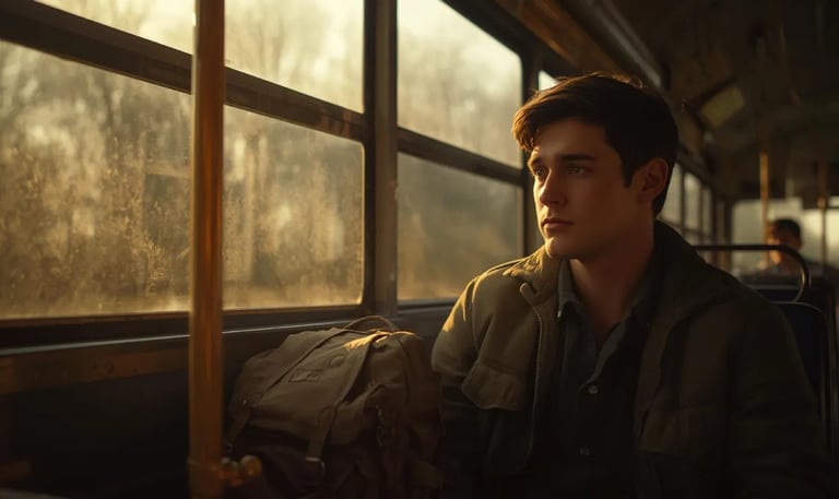 Young man on a bus looking outside, Thunder Motivation inspiring quiet reflection and growth.