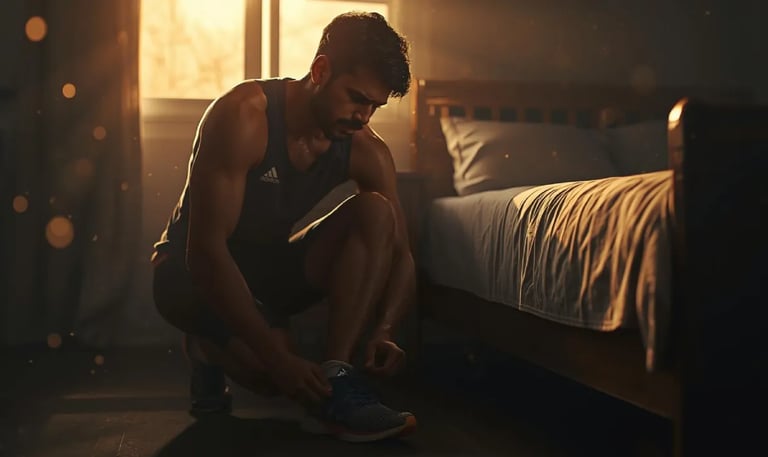 Athlete tying shoes at sunrise, Thunder Motivation pushing early-morning discipline and drive.