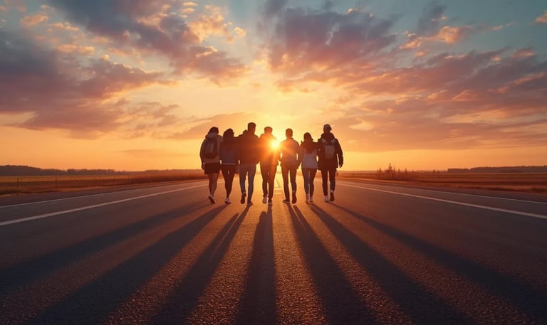 Group walking toward sunrise, Thunder Motivation promoting unity, ambition and shared purpose.