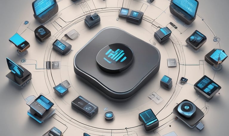 A bustling warehouse filled with shelves stacked high with smartphones, tablets, and smart home devices ready for shipment.