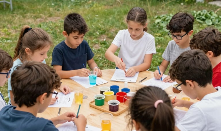 Kids engaged in a lively music workshop with instruments and smiles.