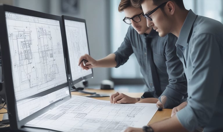 Engineering team discussing blueprints in a modern office.