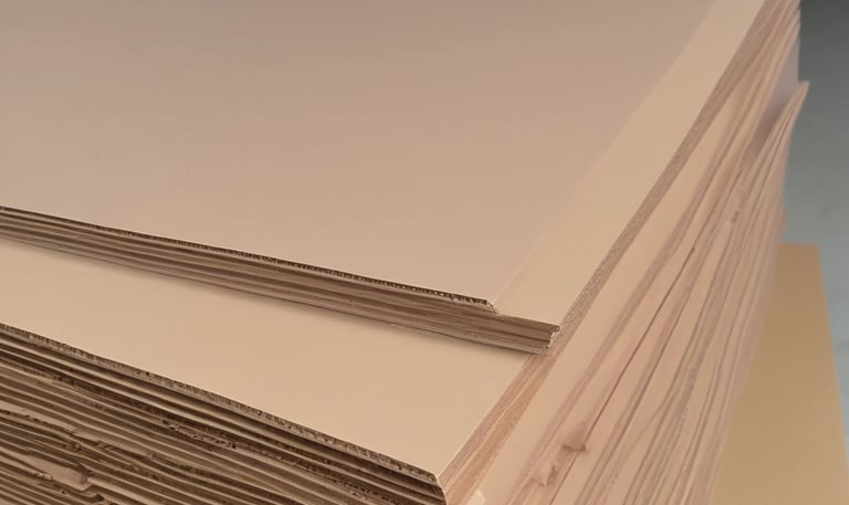 Close-up of sturdy corrugated cardboard boxes stacked neatly in a warehouse.