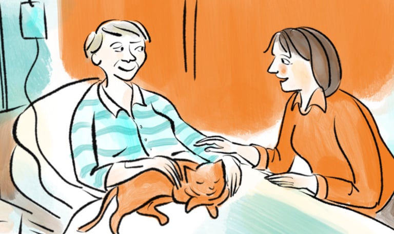 Comic eine alte Frau im Hospiz und eine Ehrenamtliche