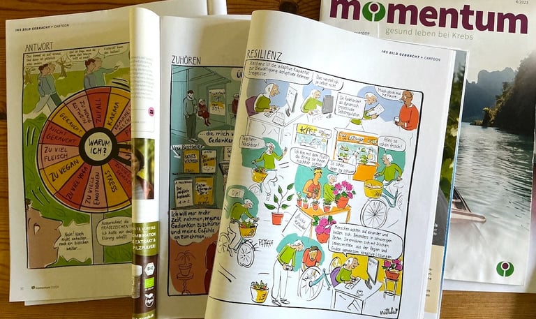 aufgeschlagene Zeitschriften mit Comics über soziale Themen 