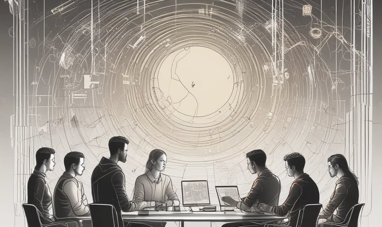 A sleek black and gold futuristic workspace with minimalist design and glowing digital interfaces.