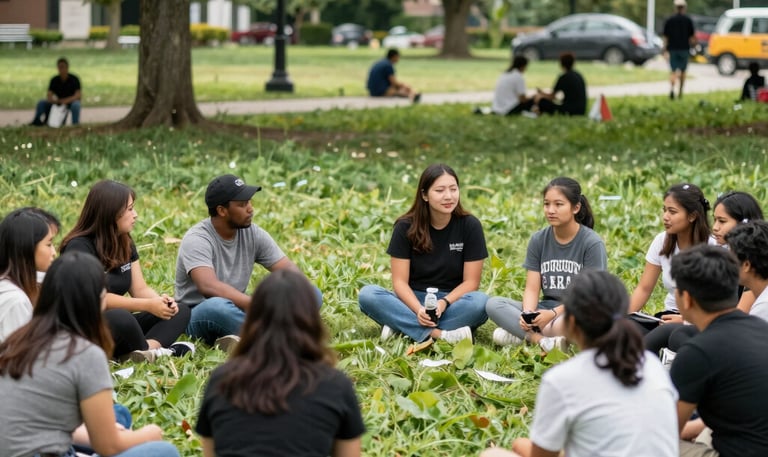 Volunteers helping organize food donations in a bustling church hall.