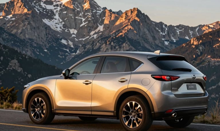 Mazda CX-5 driving through a scenic mountain road at sunset, showcasing its dynamic design and powerful stance.