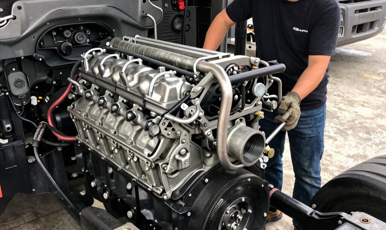 A skilled mechanic working on a large truck engine in a well-equipped garage.