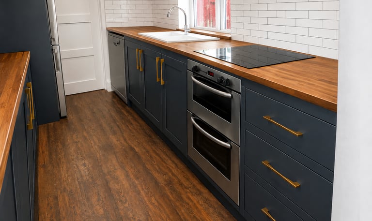 Navy blue shaker kitchen cabinets with solid wood worktops and gold handles fitted in Kidlington.