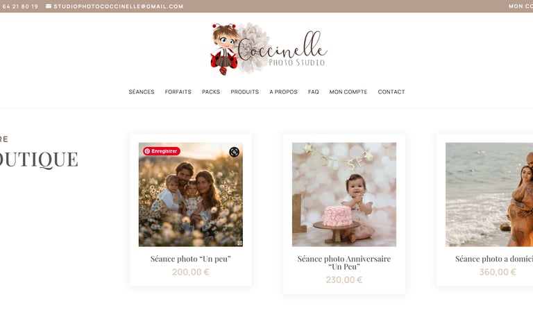 Coccinelle Photo Studio boutique website page featuring family, baby, and pregnancy photography sessions.