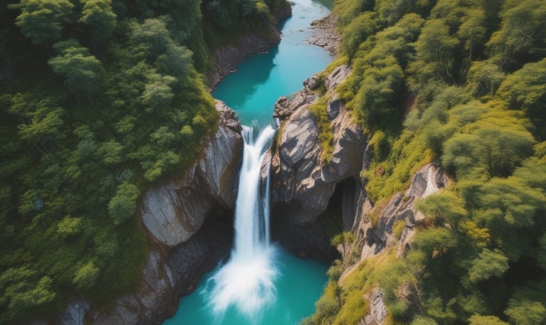 Aerial shot of a dense forest with sunlight filtering through the trees.