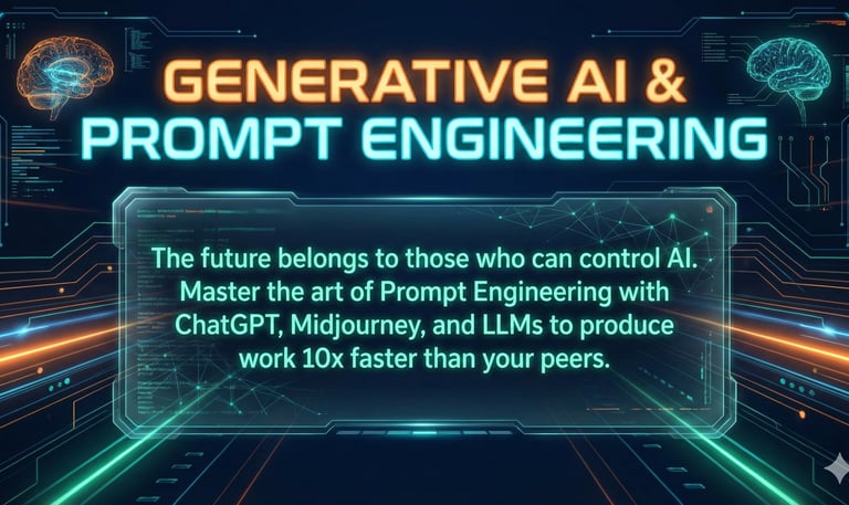 Glowing Generative AI & Prompt Engineering course interface with digital brains.
