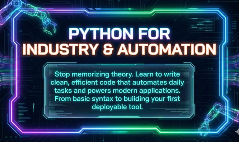 Neon Python for Industry & Automation course banner with robotic arms.