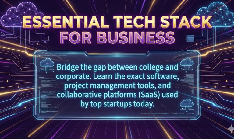 Futuristic Essential Tech Stack for Business course display with cloud network graphics.