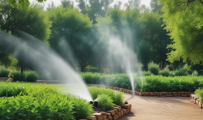 A gardener trimming neatly shaped hedges in a sunlit garden.